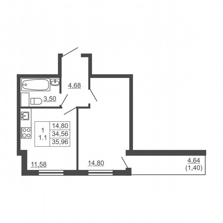 1-к. квартира, 36 м², 7/16 эт.