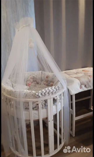 Кроватка трансформер круглая, матрас