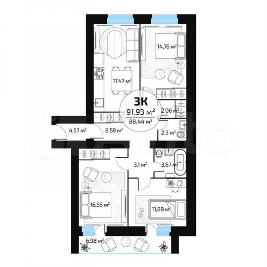 3-к. квартира, 88,4 м², 10/16 эт.