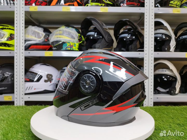 Мотошлем-модуляр. Черный глянцевый с красным