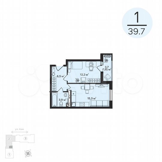 1-к. квартира, 39,7 м², 7/12 эт.