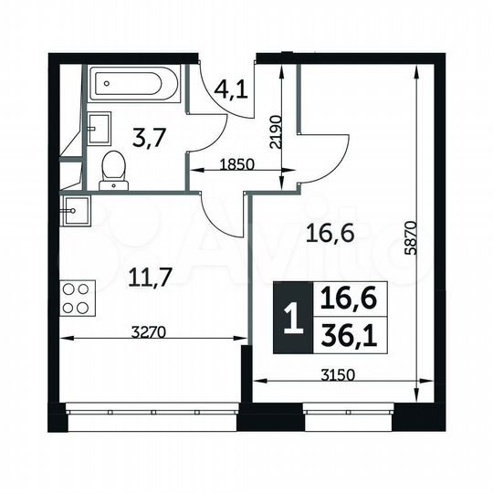 1-к. квартира, 36,1 м², 6/15 эт.