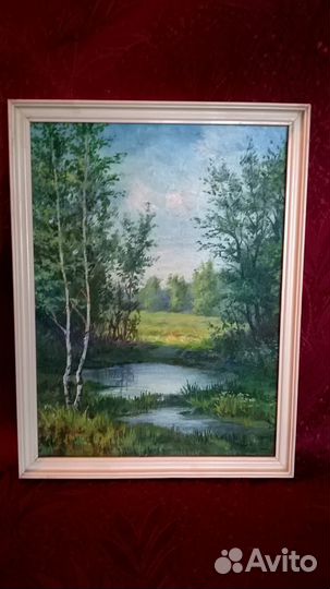 Картина. Пейзаж в белой раме. Масло