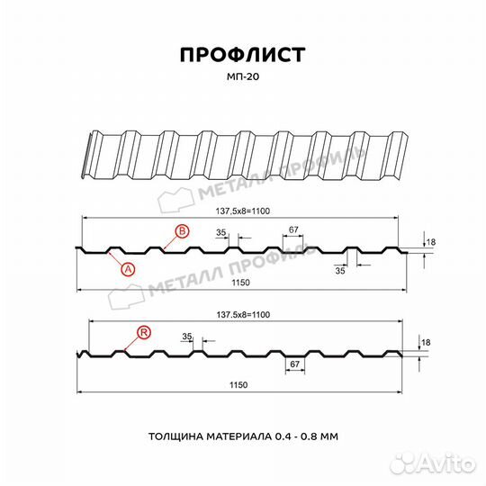 Профнастил (м2) мп-20 Полиэстер двухсторонний 0,45 мм, Цвет Ral 6005, Покрытие Полиэстер двухсторонн