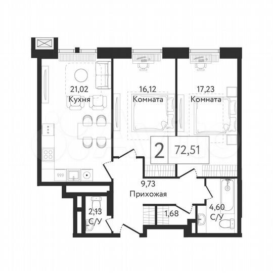 2-к. квартира, 72,5 м², 19/23 эт.