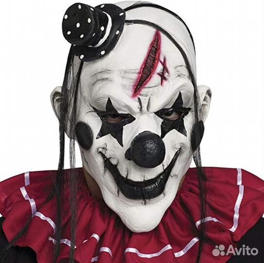 Маска Жуткий Клоун со шляпкой, белый, черный латек