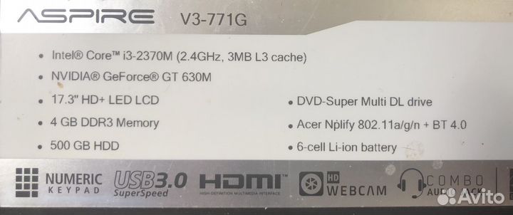 Ноутбук acer V3-771G диагональ 17,3