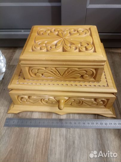Большая резная деревянная шкатулка СССР с ящиком