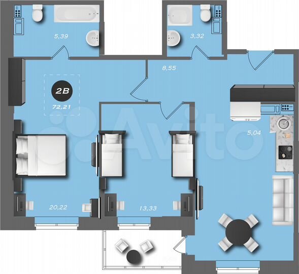 2-к. квартира, 72,7 м², 6/22 эт.