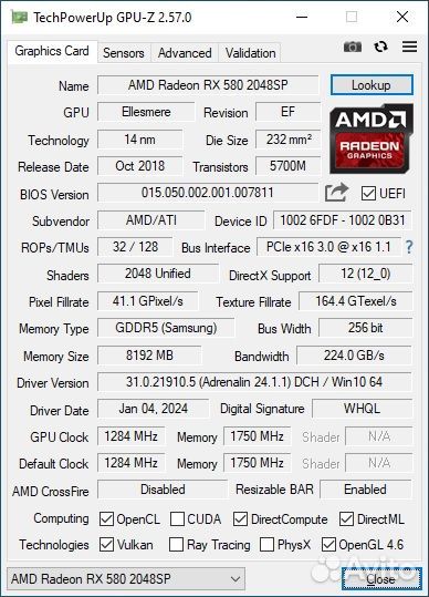 Видеокарта RX 580 8 Гб 2048SP