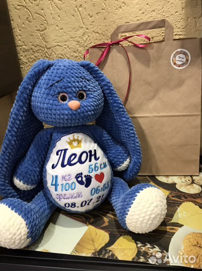 Плюшевый заяц с метрикой на заказ