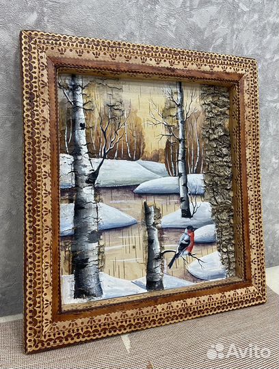 Картина на бересте. р.39х36. Береза.Ручная работа