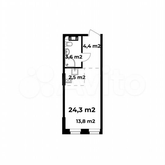 1-к. апартаменты, 24,3 м², 3/6 эт.