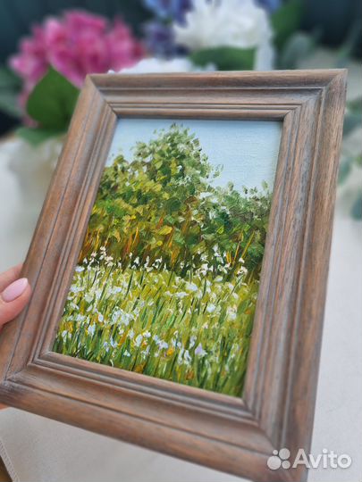 Пейзаж природа Картина маслом с цветами миниатюра
