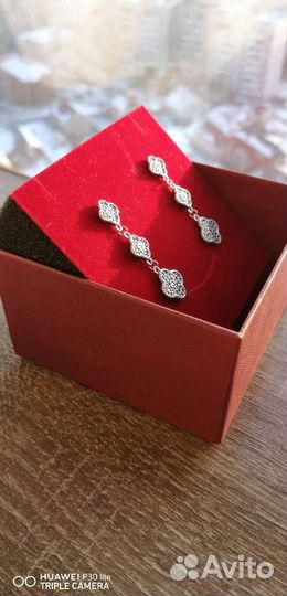 Серьги серебряные, стиль Van Cleef, клевер