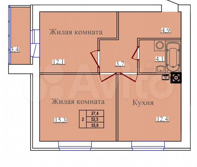 2-к. квартира, 55,9 м², 12/14 эт.