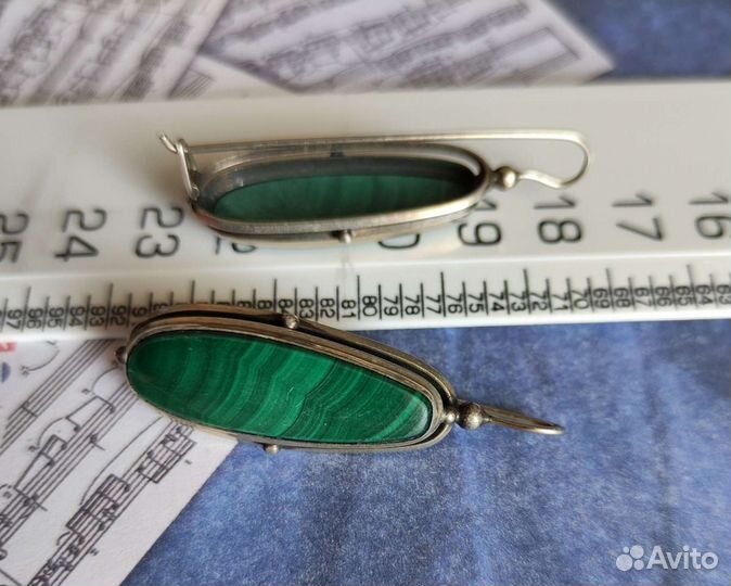 Серьги с малахитом винтаж, финифть