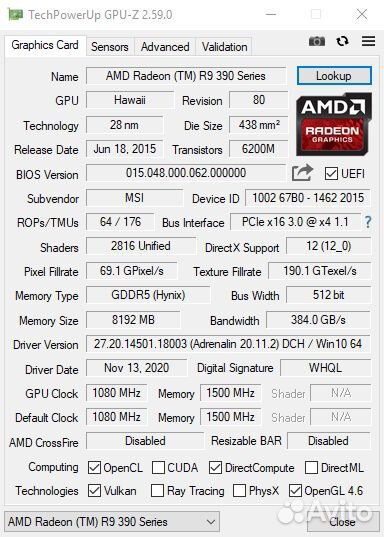 Видеокарта MSI R9 390X 8 GB Хорошее состояние