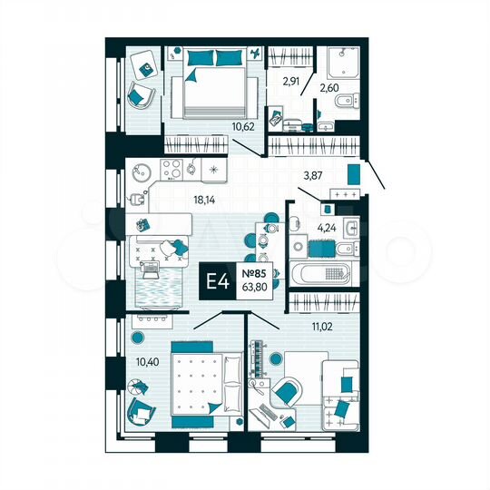 3-к. квартира, 63,8 м², 8/15 эт.