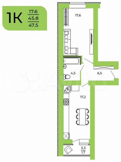 1-к. квартира, 47,5 м², 2/10 эт.