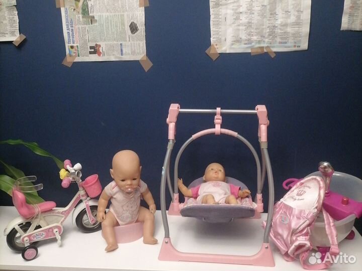 Кукла беби бон с велосипедом, ванной, стул-качели