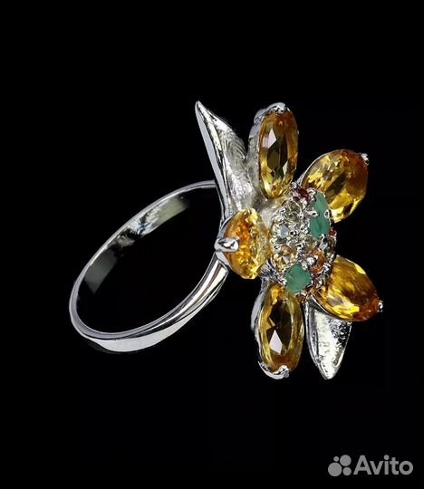 Серебряное кольцо цитрины,изумруды, сапфиры