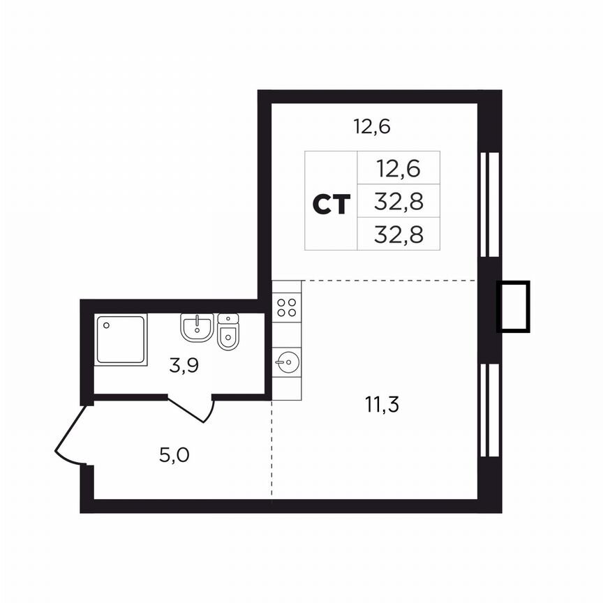 Квартира-студия, 32,7 м², 1/9 эт.