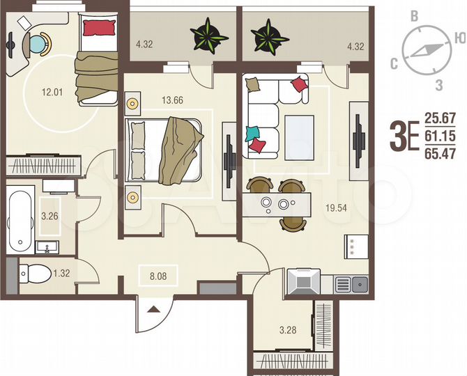 2-к. квартира, 65,5 м², 5/10 эт.