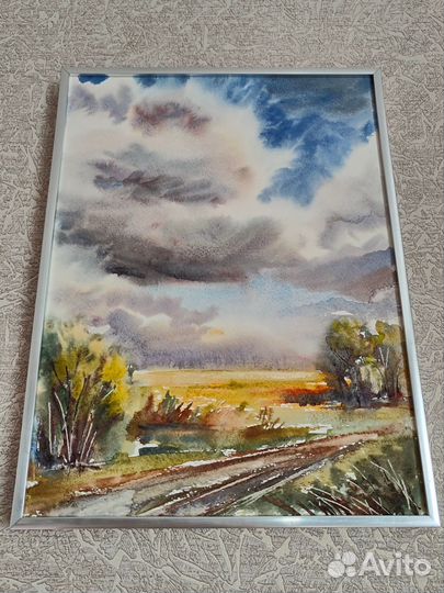 Картина акварелью Облака над полями