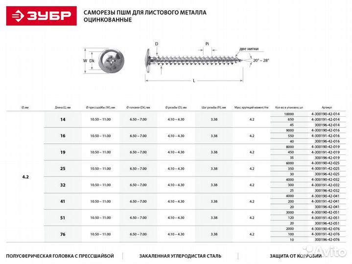 4-300190-42-076 Саморезы пшм для листового металла