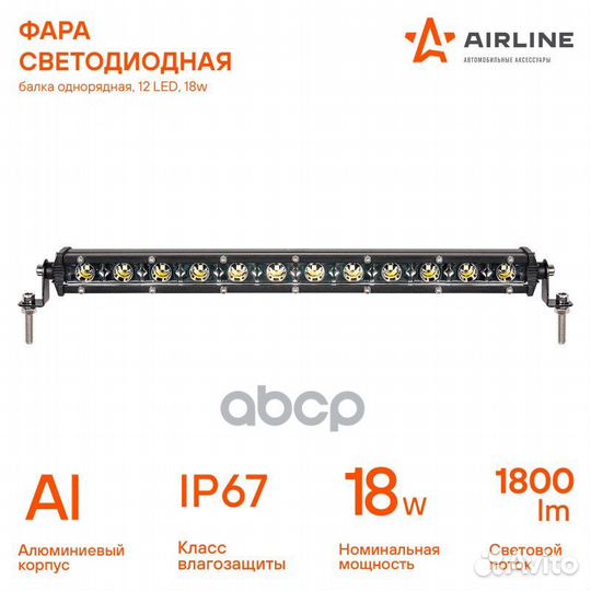 Фара светодиодная балка, однорядная, 12 LED, н