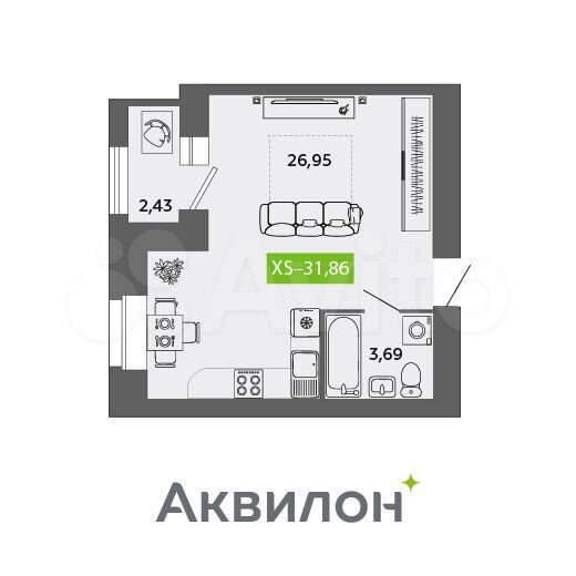 Квартира-студия, 31,9 м², 6/9 эт.
