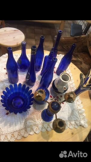 Синее стекло и фарфор, винтаж