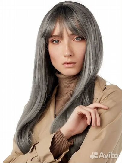 Парик длинные серые волосы до пояса с челкой