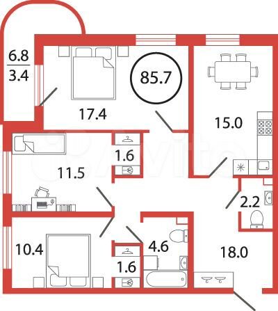 3-к. квартира, 85,7 м², 2/12 эт.