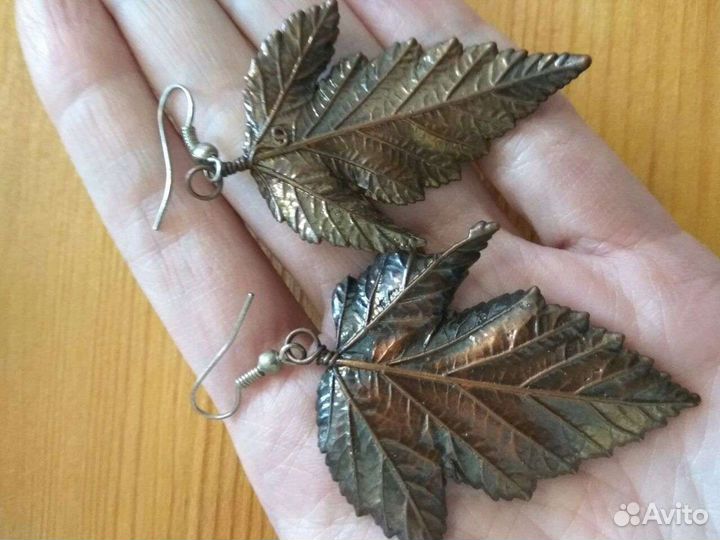 Настоящие листики. Ручная работа. Серьги медь
