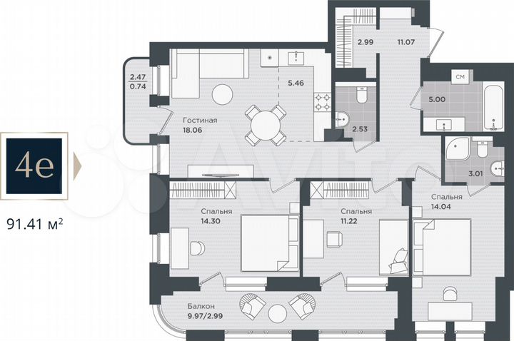 4-к. квартира, 91,4 м², 6/24 эт.
