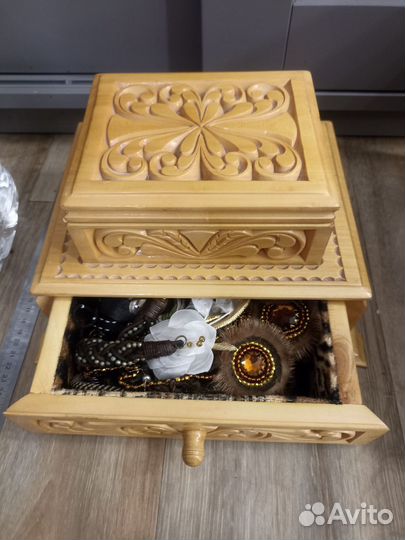Большая резная деревянная шкатулка СССР с ящиком
