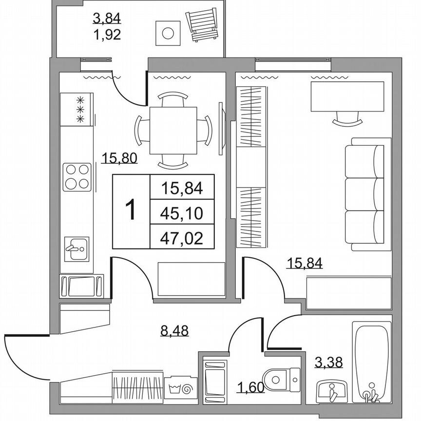 1-к. квартира, 47 м², 14/19 эт.