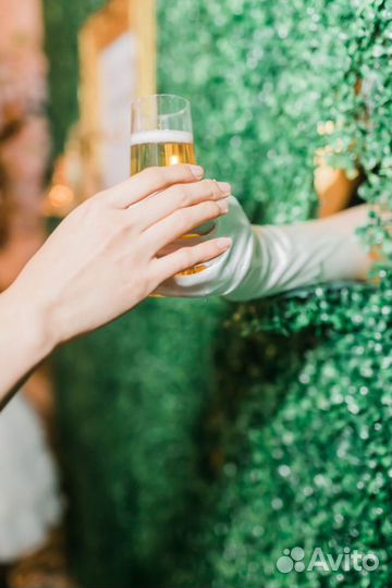 Фотозона зеленая интерактивная стена с шампанским