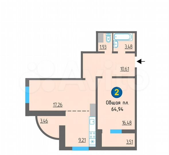 2-к. квартира, 64 м², 9/19 эт.