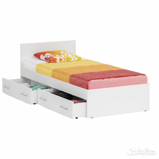 Кровать белая с ящиками Стандарт 900, цвет белый, шхгхв 93,5х203,5х70 см., сп.м. 900х2000 мм., без м