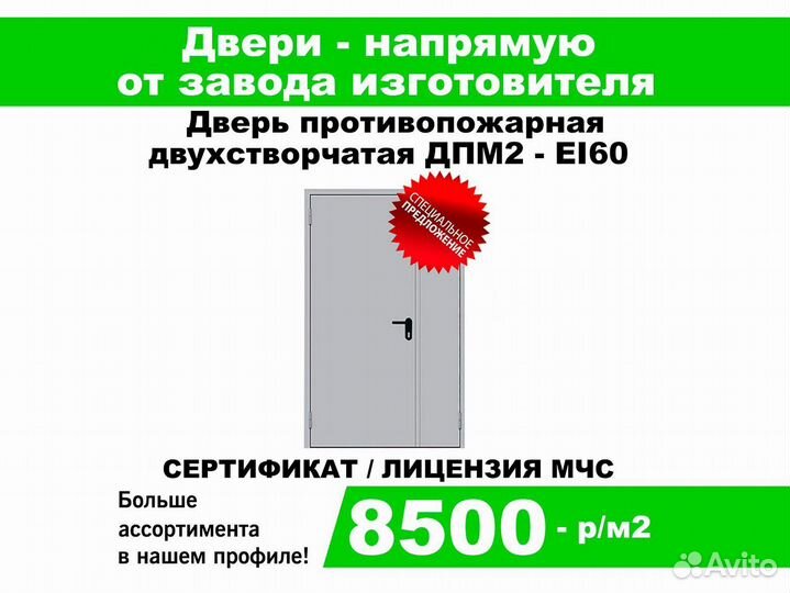 Дверь противопожарная дпм2 EI60 2100*1300мм