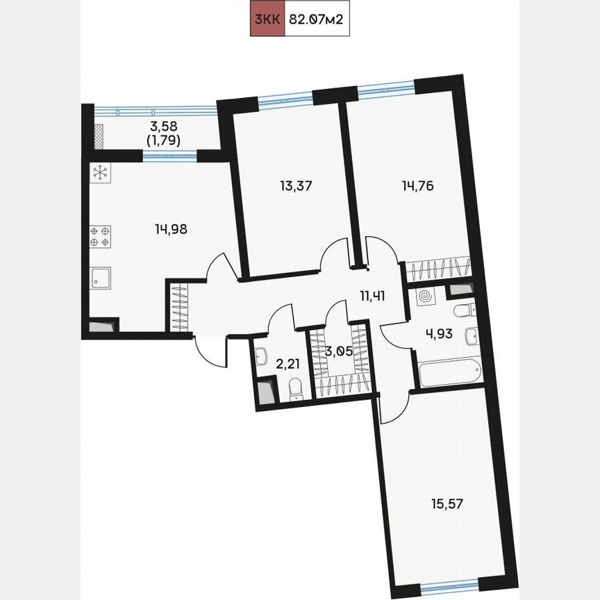 3-к. квартира, 82,7 м², 6/9 эт.