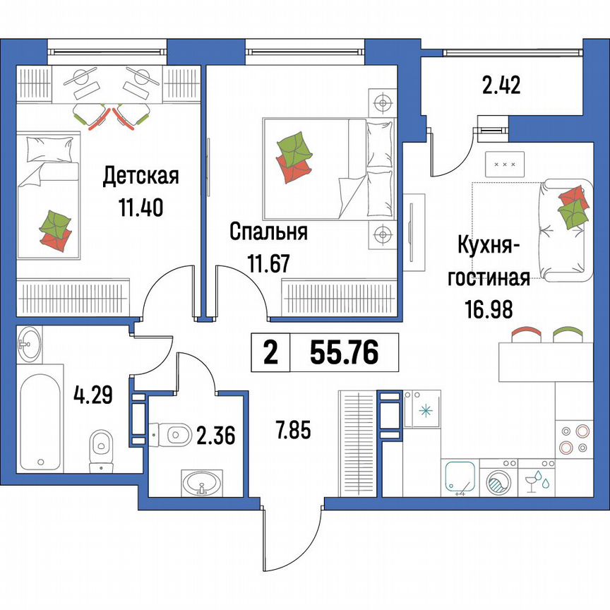 2-к. квартира, 55,8 м², 10/16 эт.