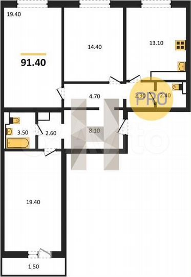 3-к. квартира, 91,4 м², 3/18 эт.