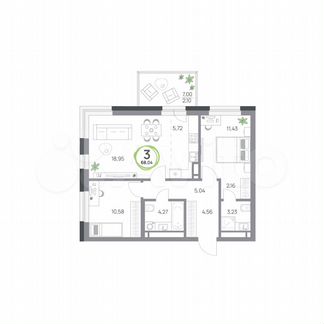 3-к. квартира, 68 м², 2/9 эт.