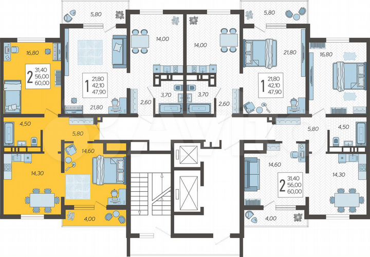2-к. квартира, 60 м², 4/16 эт.