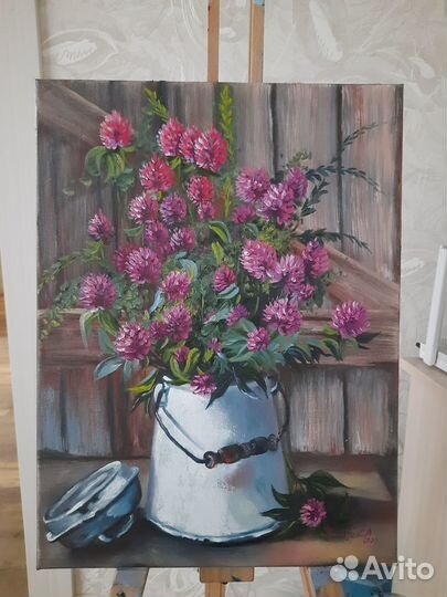 Картина маслом натюрморт полевый цветы клевер