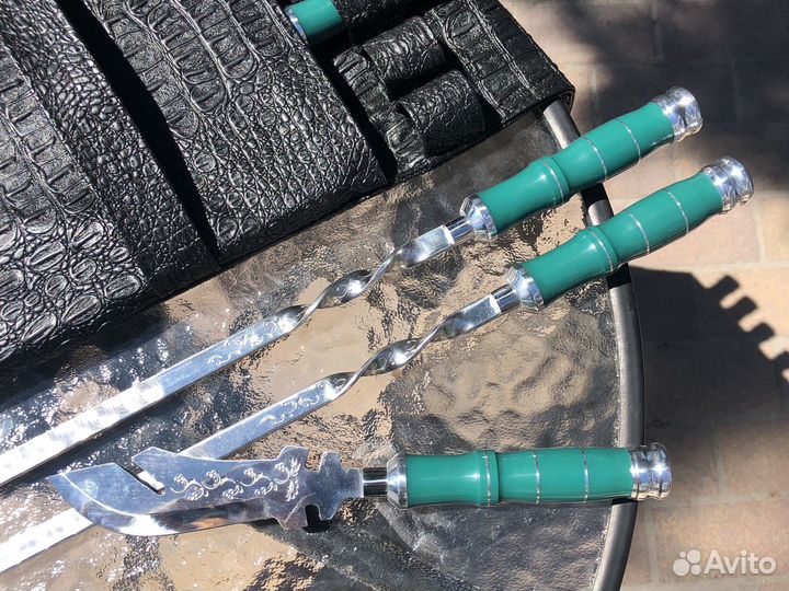 Шампуры в кожаном чехле подарочные (зеленый)